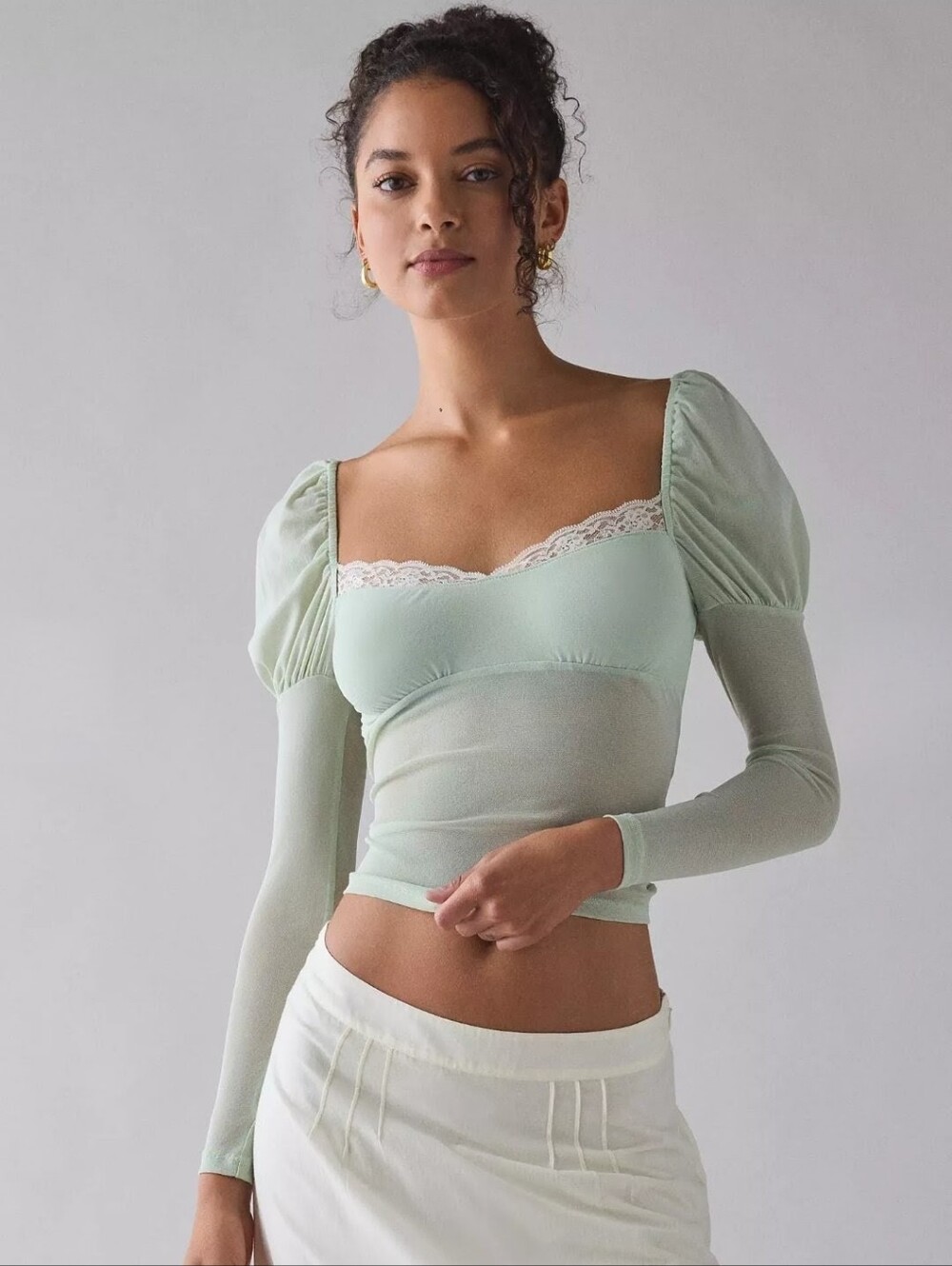 Kimchi Blue In The Dark Sheer Mesh Long Sleeve Romantic Lace Trim Sweetheart Top